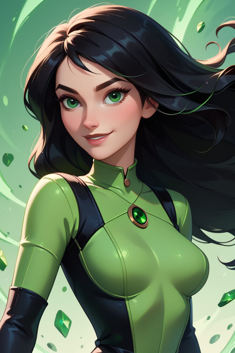 taylor swift ,score_9, score_8_up, score_7_up, score_6_up, score_5_up, score_4_up  shego, black gloves, black hair, bodysuit, smile, green bodysuit, green eyes, green theme, long hair,  portrait, solo,     zPDXL 