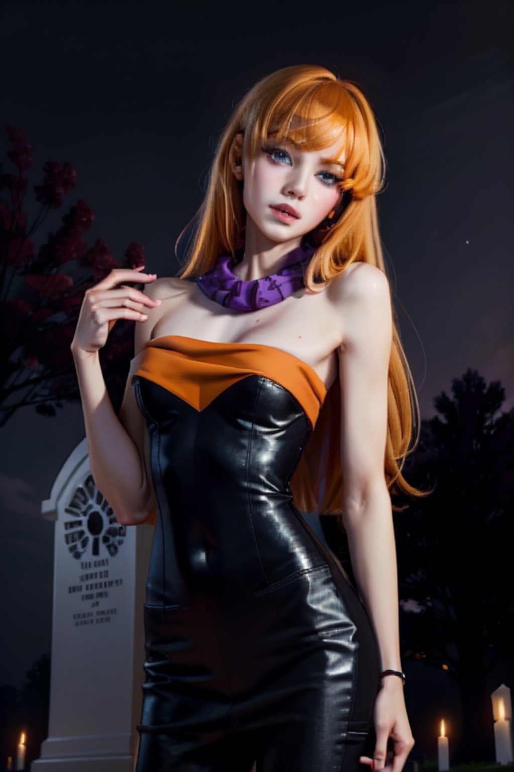 1girl, solo, (half body shot:1.3),  daphne-v2, orange hair, purple eyes, ((happy)), (,  fakebreasts), intricate, absurdres, highest quality, extremely detailed, detailed eyes:1.3, masterpiece, 8k UHD, 4k HDR, RAW photograph, (film grain), midnight purple dress, headband, green scarf,  EdobChurchCemeteryCreepyNight, church, cemetery, black sky, in the dark, with a full moon