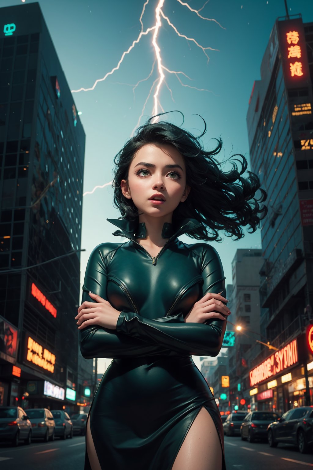 A masterpiece of a cyberpunk scene at midnight. A stunning Asian girl stands in the city's dark streets, her long hair a vibrant green that seems to glow under the neon lights. Her face is a work of art, with detailed features and eyes that shine like emeralds. She wears a dark green dress with high collar and long sleeves, her crossed arms and folded pose exuding an air of seductiveness. The wind blows through her hair as she stands, her open mouth inviting the viewer in. The cityscape behind her is a blur of lights and shadows, with splashes of green lightning illuminating the scene. Bokeh effect adds depth to the image, with a shallow depth of field highlighting our subject's alluring pose. VFX elements include wind particles and electric sparks that dance around her, setting the tone for a synthwave-inspired DJ theme.