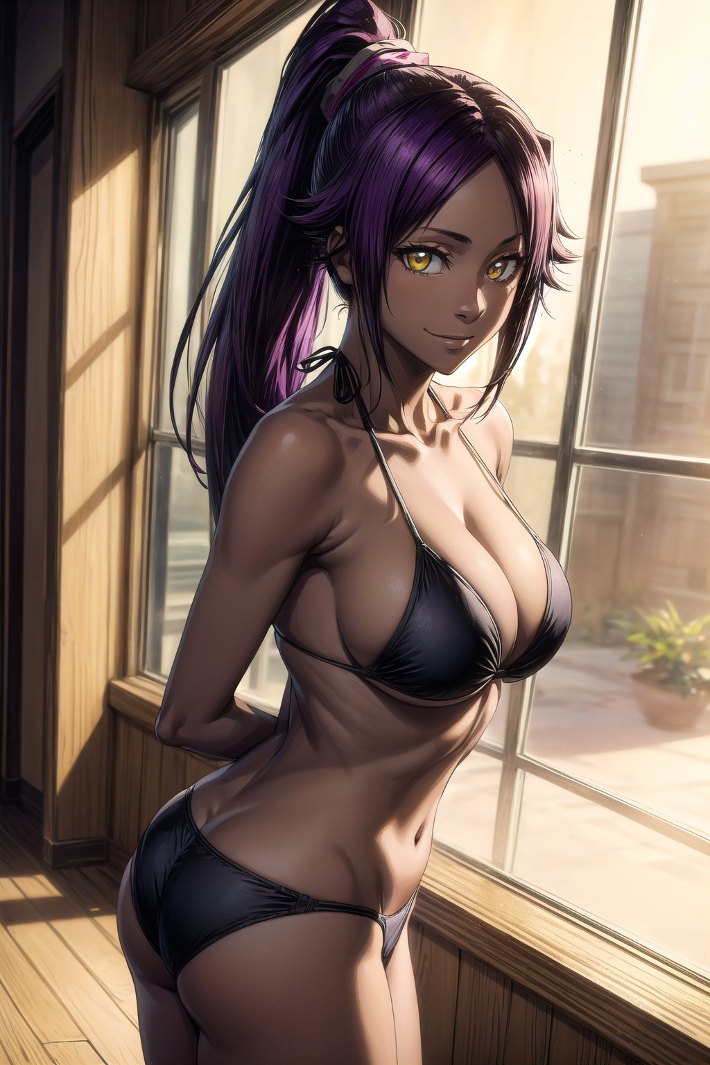 masterpiece, best quality, highres, collarbone, , indoors, cowboy shot, standing, smile, string bikini, black_string_bikini, arms behind back, curvy_figure , yoruichi shihouin, long hair, yellow eyes, ponytail, purple hair, ,dark-skinned female