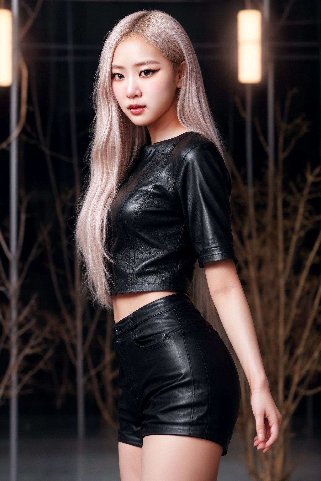 ((Generate hyper realistic image of  captivating scene featuring a stunning 22 years old Korean girl)), with long white hair, semi side view, donning a black leather shorts and a trendy black tee with sleeves rolled up, piercing, brown eyes, photography style , Extremely Realistic,  ,photo r3al,photo of perfecteyes eyes,realistic,leather,Masterpiece