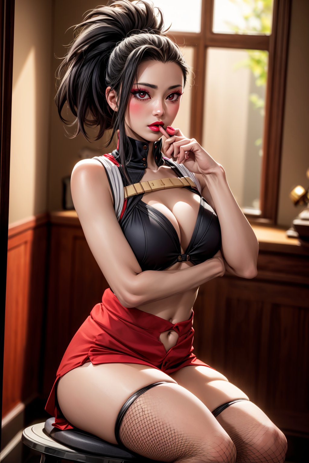 nar_kurenai_yuhi,forehead protector,bandages,sarashi,red eyes,makeup,lipstick,ninja,lipstick,fishnets,sitting,