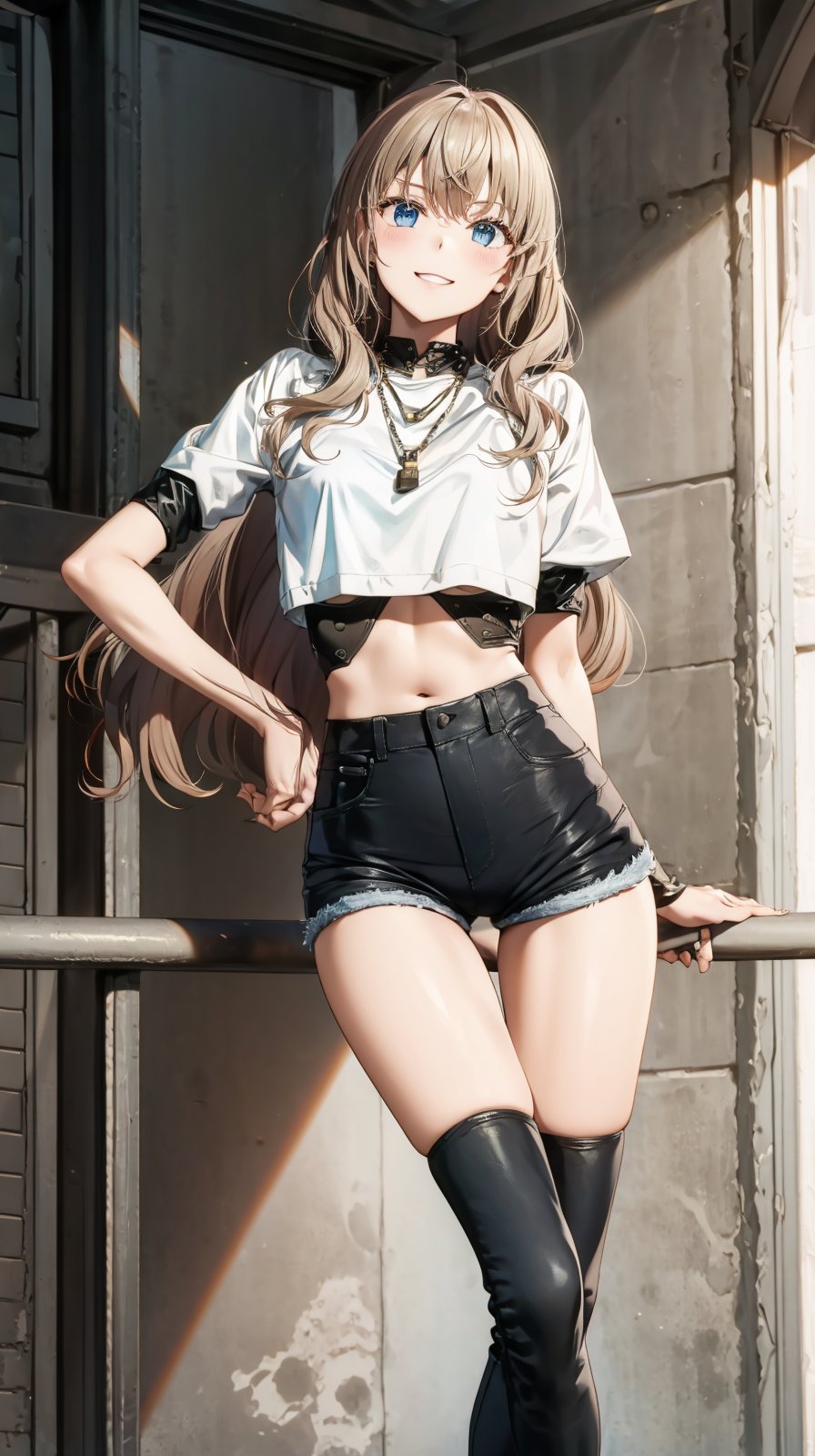 An image of a woman with voluminous wavy hair, standing confidently and smiling at the camera. She is wearing a light denim jacket with rolled sleeves, a black crop top, and high-waisted denim shorts. Her right hand rests on her hip, and her left arm is relaxed at her side. The setting is simple, with soft lighting that highlights her friendly demeanor and casual style.