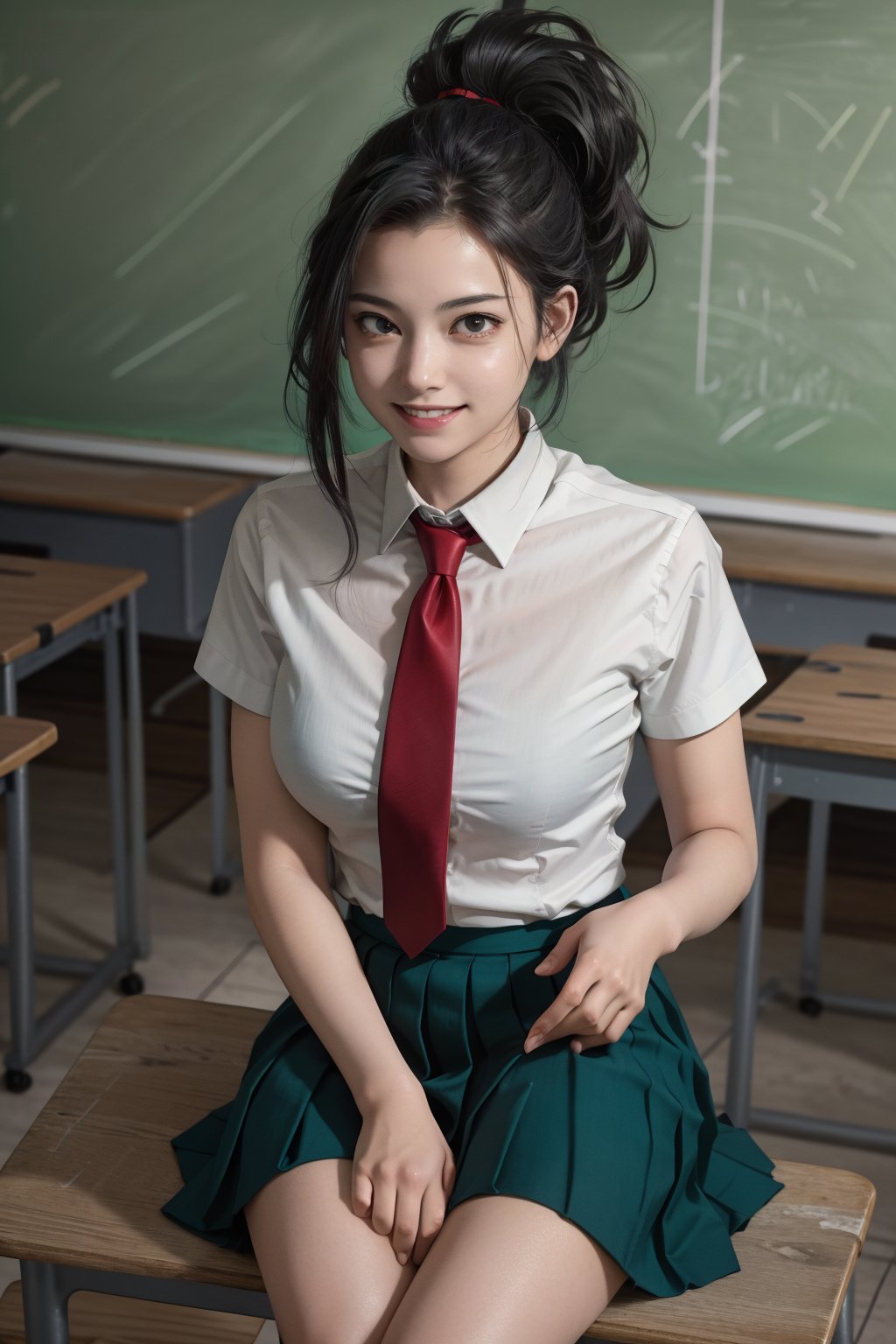 masterpiece, best quality, highres, 1girl, yaoyorozu momo, black hair, ponytail, hair pulled back, black eyes, large breasts, school uniform, white shirt, collared shirt, short sleeves, red necktie, green skirt,  classroom, sitting, desk, book, writing, smile