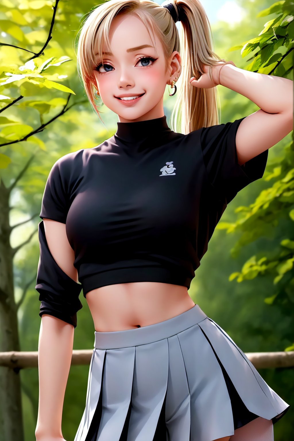 (masterpiece, best quality:1.2), solo, 1girl, yamanaka ino, smile, looking at viewer, hair over one eye, ponytail, hairclip, crop top, skirt, fishnets, earrings, midriff, forest ,yamanaka ino,clothing_inner_view