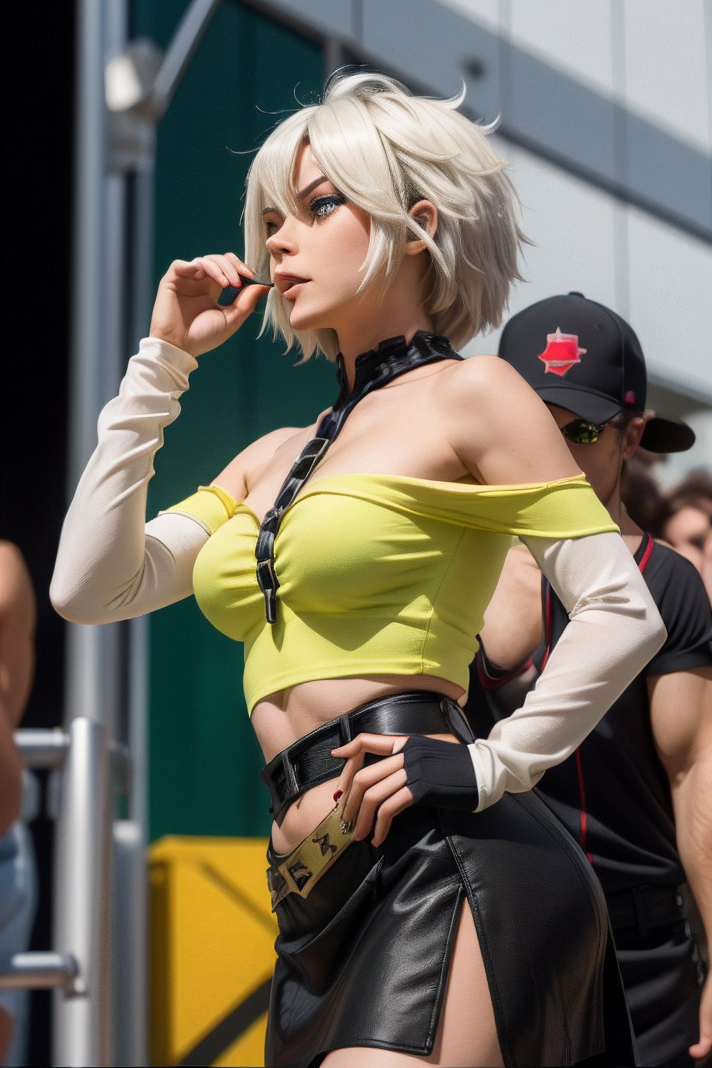 female character. She has short, straight white hair with darker roots, and her bangs fall just above her bright green eyes. She's wearing a sheer, off-the-shoulder green top with a black undergarment that emphasizes her figure. Her left hand is raised to her mouth, with a black fingerless glove on, and she appears to be lost in thought or teasingly biting her glove. She has a black skirt on, which sits on her hips, revealing a sliver of her midriff. The background suggests an indoor setting