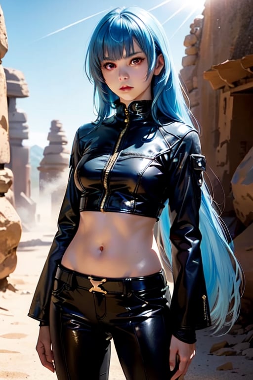 ((Alone:1.4)), ((Solo:1.4)), ((MEDIUM FULL SHOT:1.5)),realistic, masterpiece,best quality,High definition, (realistic lighting, sharp focus), high resolution,volumetric light, outdoors, dynamic pose, ,KOFKulaD, long hair, blue hair, red eyes, bangs, desert, noon, intense and shimmering sunlight
