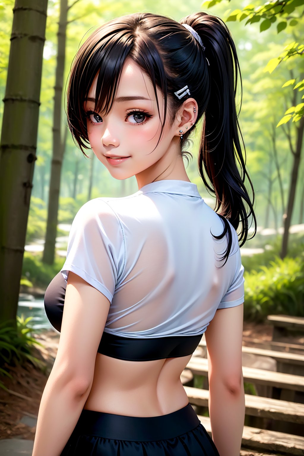 (masterpiece, best quality:1.2), solo, 1girl, yamanaka ino, smile, looking at viewer, hair over one eye, ponytail, hairclip, crop top, skirt, fishnets, earrings, midriff, forest ,yamanaka ino,clothing_inner_view