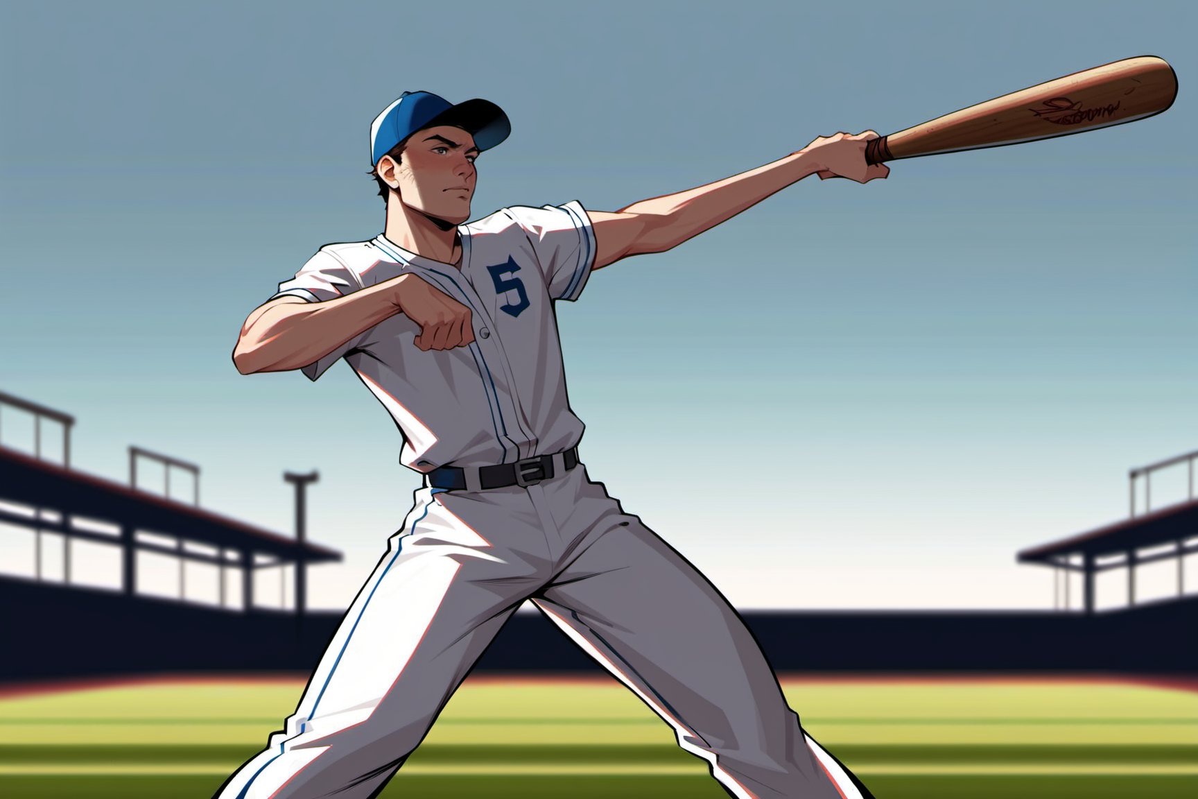 Score_9, Score_8_up, Score_7_up, masterpiece, best quality, 4k, perfect lighting, very aesthetic, absurdres, uncensored, rating_explicit, nsfw, source_anime, BREAK, 1man, an alligator in a classic baseball uniform, baseball field, pointing bat towards the outfield