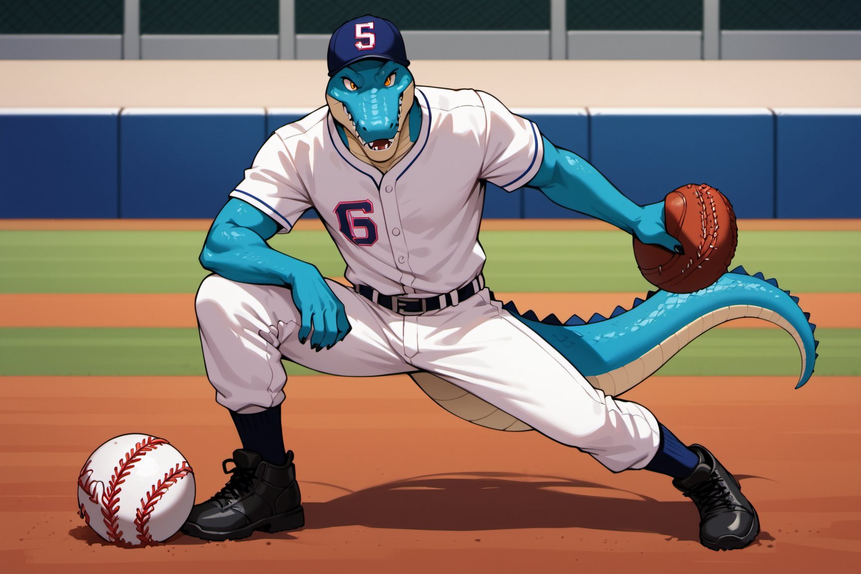 Score_9, Score_8_up, Score_7_up, masterpiece, best quality, 4k, perfect lighting, very aesthetic, absurdres, uncensored, rating_general, source_anime, BREAK, 1man, ((anthropomorphic alligator umpire)), baseball player, coaching, inspiring