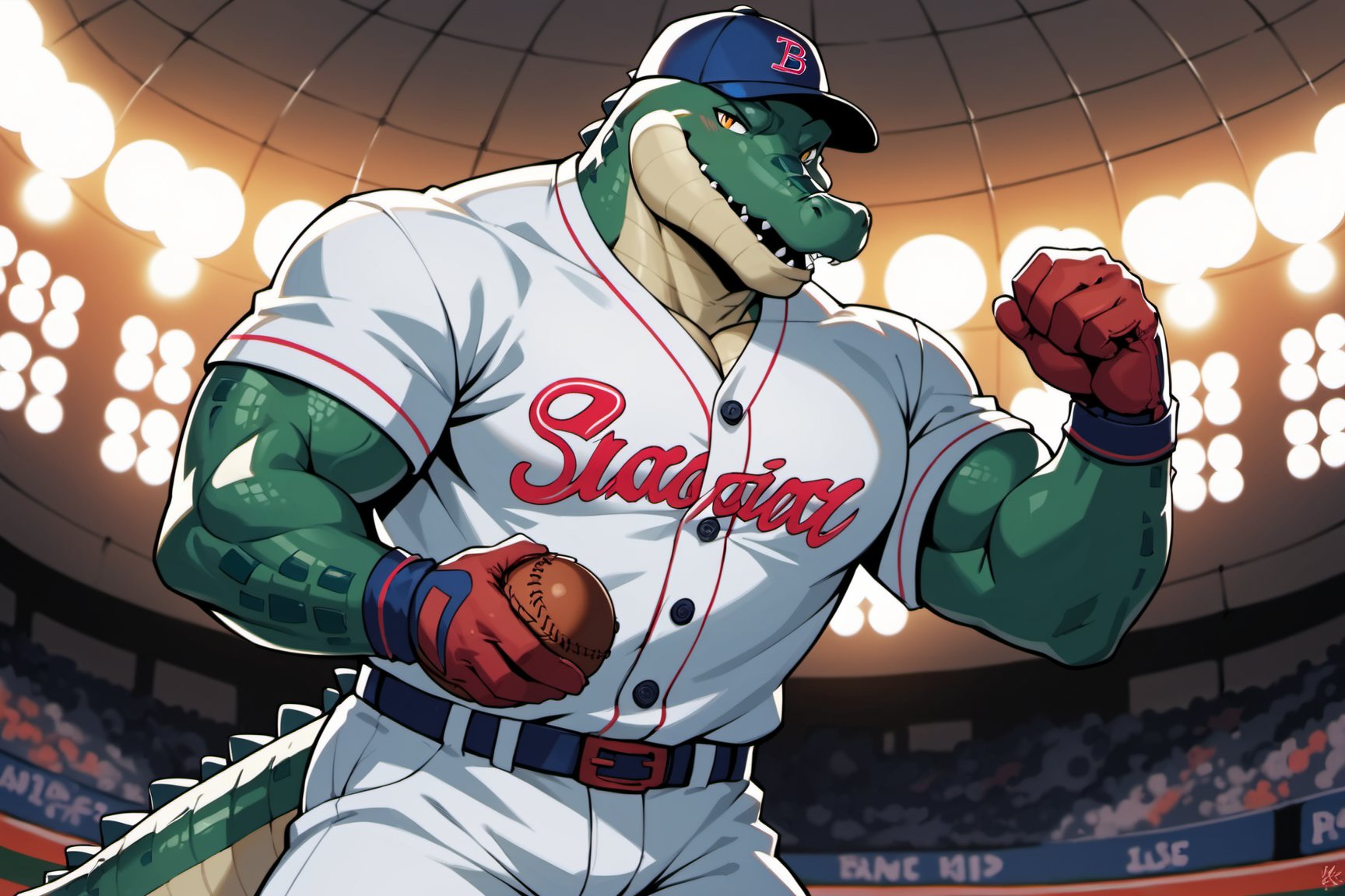 Score_9, Score_8_up, Score_7_up, masterpiece, best quality, 4k, perfect lighting, very aesthetic, absurdres, uncensored, rating_general, source_anime, BREAK, 1man, ((anthropomorphic alligator umpire)), baseball player, coaching, inspiring