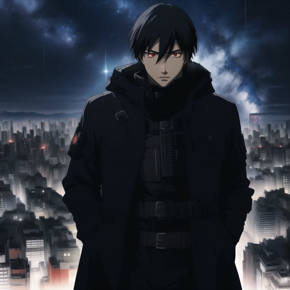 Score_9, Score_8_up, Score_7_up, masterpiece, best quality, 4k, perfect lighting, very aesthetic, absurdres, uncensored, rating_general, sfw, source_anime, BREAK, 1boy, solo, hei_darker_than_black, black hair, spiky hair, glowing red eyes, determined expression, long black coat, [tactical vest], [utility belt], (thick blue outline), short double edged dagger, tokyo, night, fallen star background, arms forward,Details++