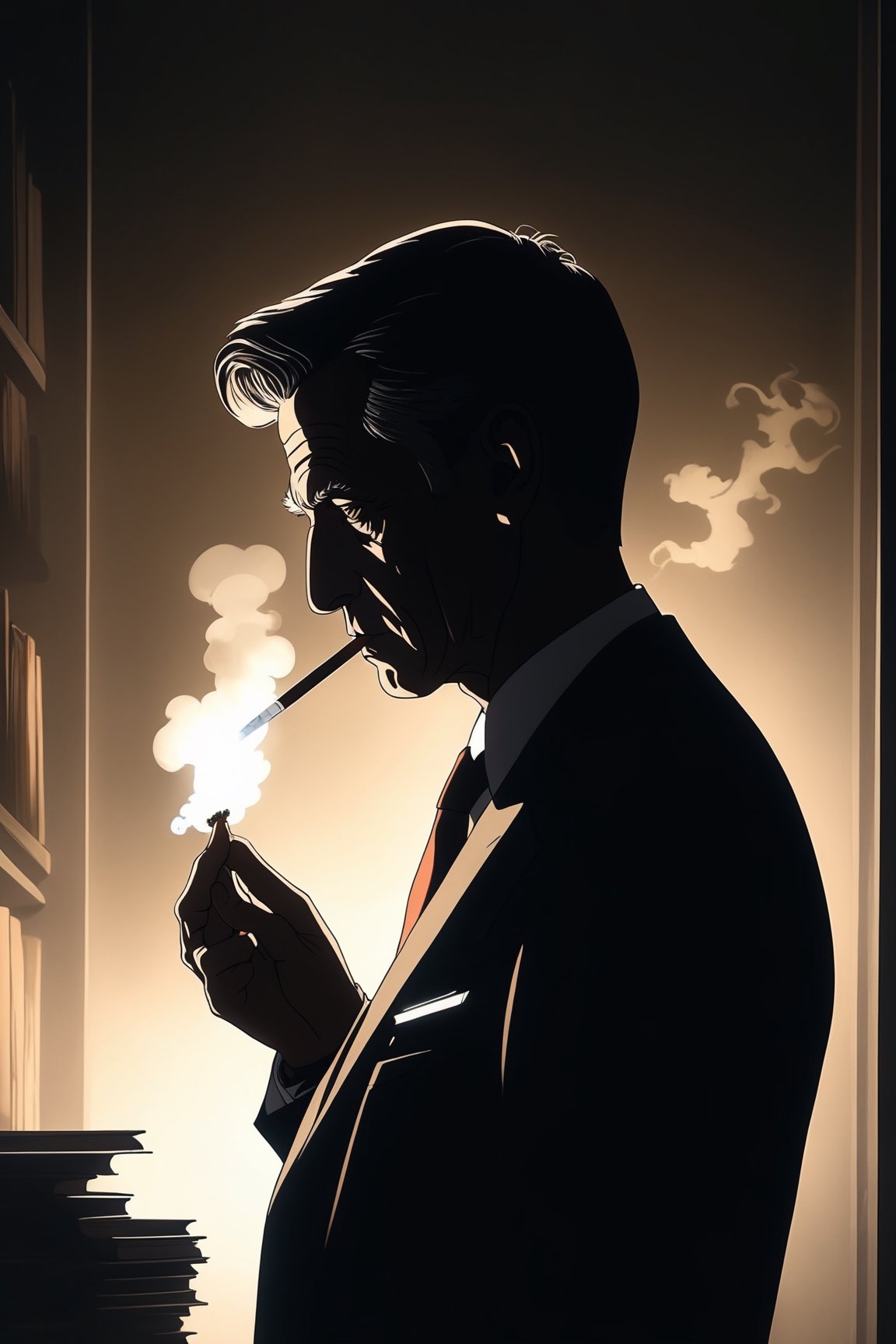 masterpiece, best quality, 4k, perfect lighting, very aesthetic, absurdres, uncensored, rating_general, sfw, source_anime, BREAK, 1boy, william b davis, cigarette smoking man, xfiles, dusty file room, lit cigarette, ((backlit, silhouette)), deep shadows, business suit, tie, haze atmosphere