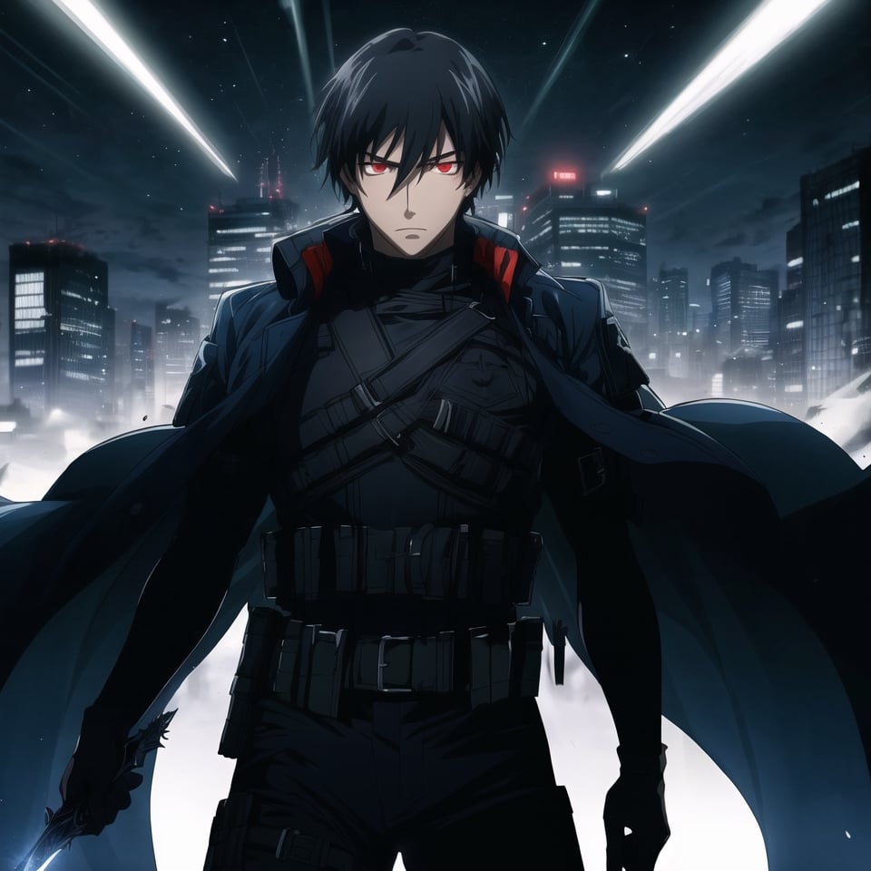 Score_9, Score_8_up, Score_7_up, masterpiece, best quality, 4k, perfect lighting, very aesthetic, absurdres, uncensored, rating_general, sfw, source_anime, BREAK, 1boy, solo, hei_darker_than_black, black hair, spiky hair, glowing red eyes, determined expression, long black coat, [tactical vest], [utility belt], (thick blue outline), (dagger blade), tokyo, night, fallen star background, arms forward,Details++