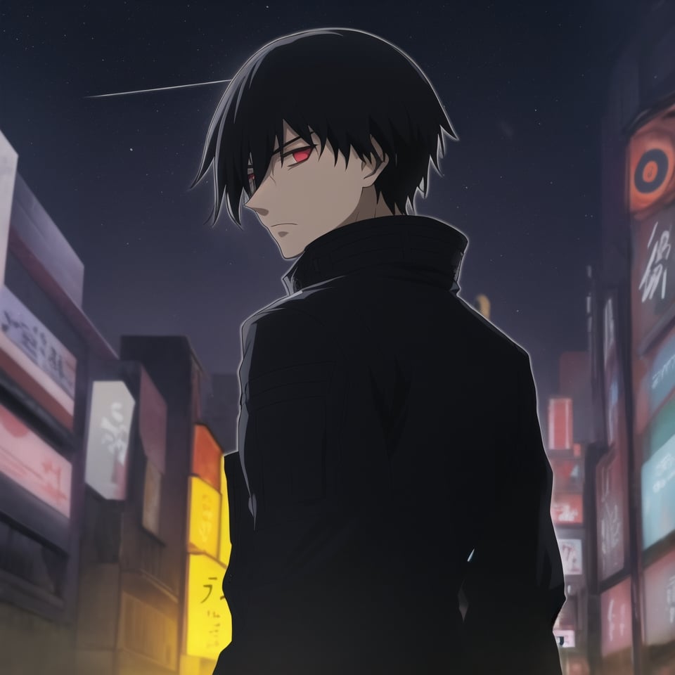 Score_9, Score_8_up, Score_7_up, masterpiece, best quality, 4k, perfect lighting, very aesthetic, absurdres, uncensored, rating_general, sfw, source_anime, BREAK, 1boy, solo, hei_darker_than_black, black hair, spiky hair, glowing red eyes, determined expression, long black coat, [tactical vest], [utility belt], (thick blue outline), short double edged dagger, tokyo, night, fallen star background, arms forward