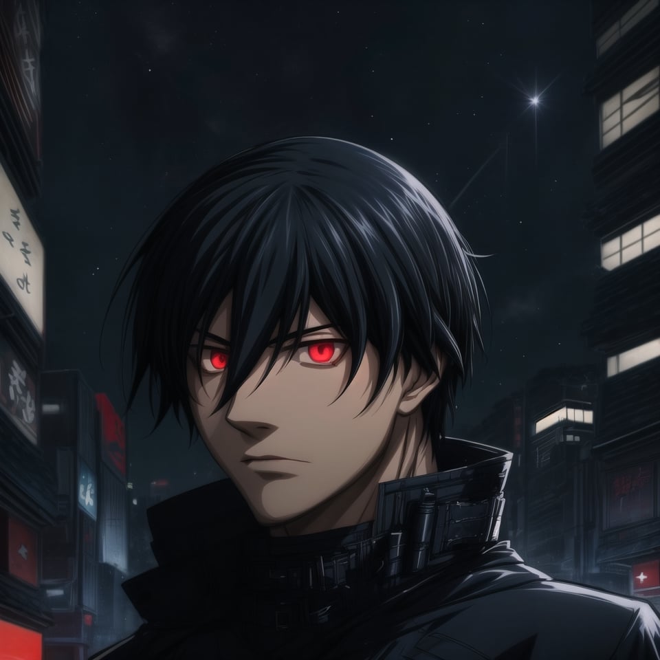 Score_9, Score_8_up, Score_7_up, masterpiece, best quality, 4k, perfect lighting, very aesthetic, absurdres, uncensored, rating_general, sfw, source_anime, BREAK, 1boy, solo, hei_darker_than_black, black hair, spiky hair, glowing red eyes, determined expression, long black coat, [tactical vest], [utility belt], (thick blue outline), short double edged dagger, tokyo, night, fallen star background, arms forward,Details++