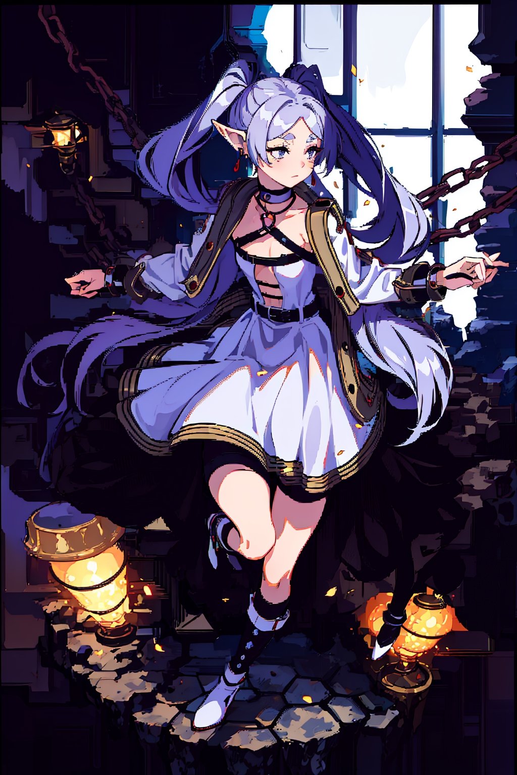 1girl, solo, long hair, dress, holding, twintails, jewelry,  girl, solo, long hair, dress, holding, twintails, jewelry,  , earrings, boots,  pointy ears, belt,  black prisoner , hands tied chained, prison behind bars, black background, moonlight comes through the window, chain around the neck holding her back, open chest, pricion, 