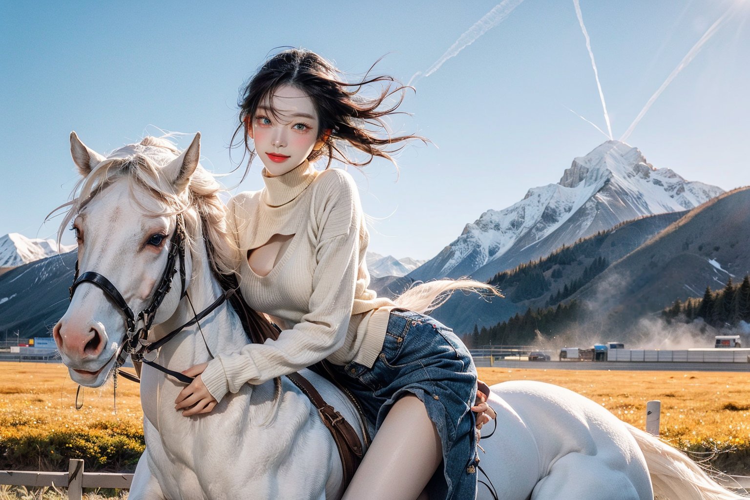 Here's the masterpiece prompt:

Capture a stunning 8K image of Karina, a gorgeous Korean girl, riding a majestic white dragon horse in an eye-level shot against the breathtaking backdrop of Snow-capped mountains and Mongolian grasslands at the lively Mongolian Horse Racing Festival. Her pale skin glows with a subtle blush as she smiles, her eyes rolling with playful abandon behind glowing pupils. Her long, light red hair falls to her waist in a fashionable hairstyle, framing her perfect face with its flawless features. She wears a green Turtleneck sweater that showcases her cleavage and sideboobs, paired with black see-through stockings and no underwear, exuding confidence and beauty. The camera captures the intricate details of her skin texture, detailed hair, and realistic facial expressions.