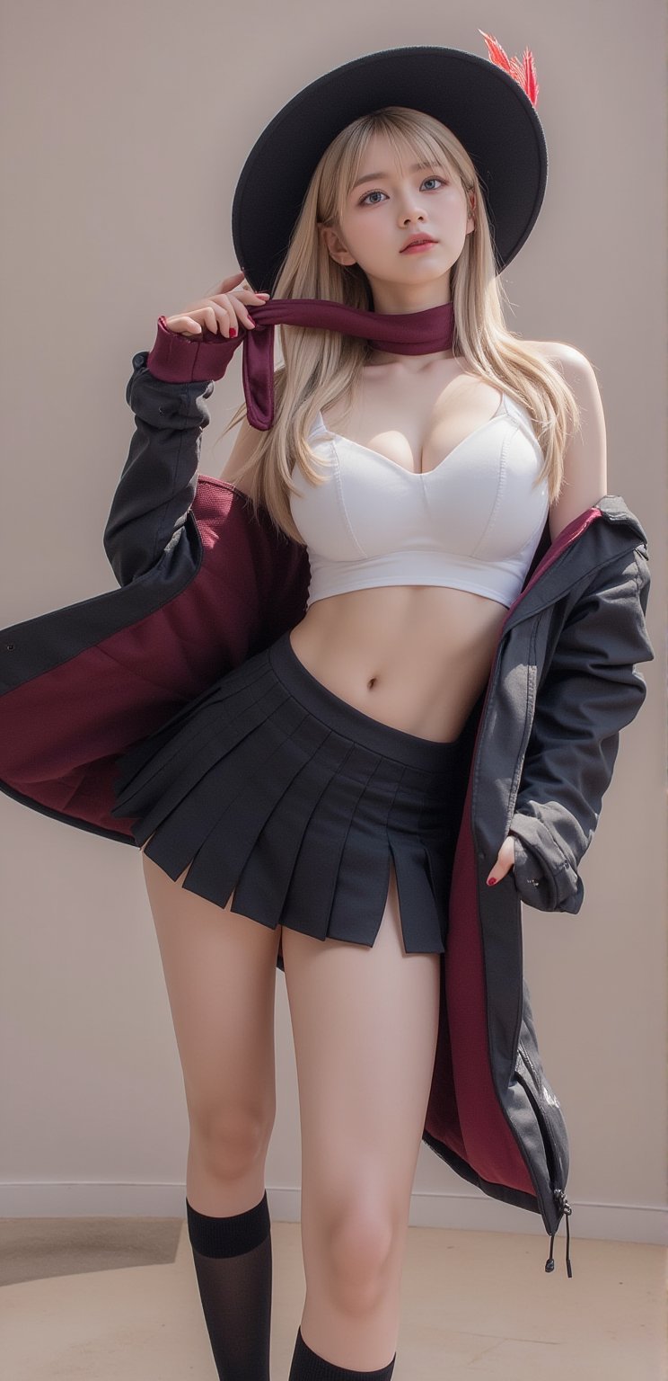 (solo, 14 years old, solo, athletic body, huge breasts,detailed face, detailed ice blue eyes, smooth soft skin, sexy serene expression ), looking at viewer, bangs, skirt, shirt, red eyes, long sleeves, hat, hair between eyes, jewelry, closed mouth, underwear, panties, jacket, white shirt, ass, thighs, blonde hair, pleated skirt, earrings, lying, open clothes, shoes, socks, miniskirt, on back,(( black skirt)), scarf, nail polish, black footwear, black lace panties, high heels, open jacket, black jacket, black headwear, feathers, ((black knee socks)), red nails, legs up, red scarf, kneepits, hat feather,detailerlora,laoliang