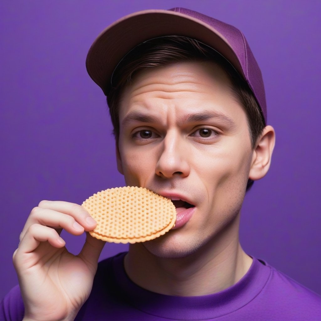 Adult Boy hairs on face  wearing a purple shirt with purple background head under the cap eating wafers filled with chocolate in horizontal shape focus on adult boy face and half body