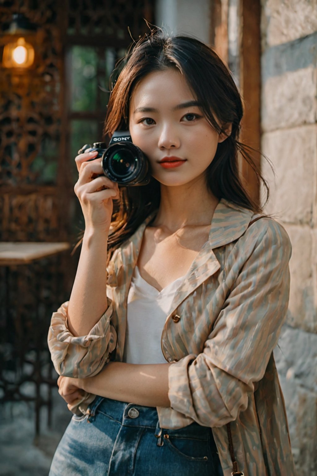 Capture the undeniable charm of handsome girls with the Sony Alpha a7 III with 50mm f/1.8 lens. Her face is gently illuminated with soft natural light, highlighting his striking presence. Compose your shot with the woman as the focal point, placing her off-center to add visual interest and depth. Experiment with different shooting angles to find the one that's most flattering, whether it's a straight look or a subtle side view. Choosing a color palette that enhances her natural charm, using warm tones to convey confidence and charm in this charming digital portrait of a 24-year-old Taiwanese girl, holding a camera, different clothes, masterpiece