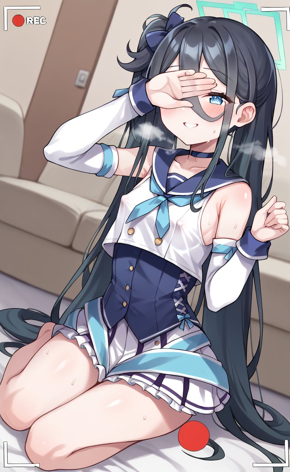 score_9, score 8_up, score_7 up, hot breath, sweat, dutch angle, heart, run, full body,
aris-idol, aris \(blue archive\), blue eyes, side ponytail, black hair, absurdly long hair, hair between eyes, hair ribbon, halo, choker, idol clothes, sailor collar, detached sleeves, corset, pleated skirt, frilled skirt, 
very blushing, 
indoor, Living room, sitting on the sofa,
covered nipples, smile, half-closed eyes, steaming body, recording, viewfinder, one hand covering eyes