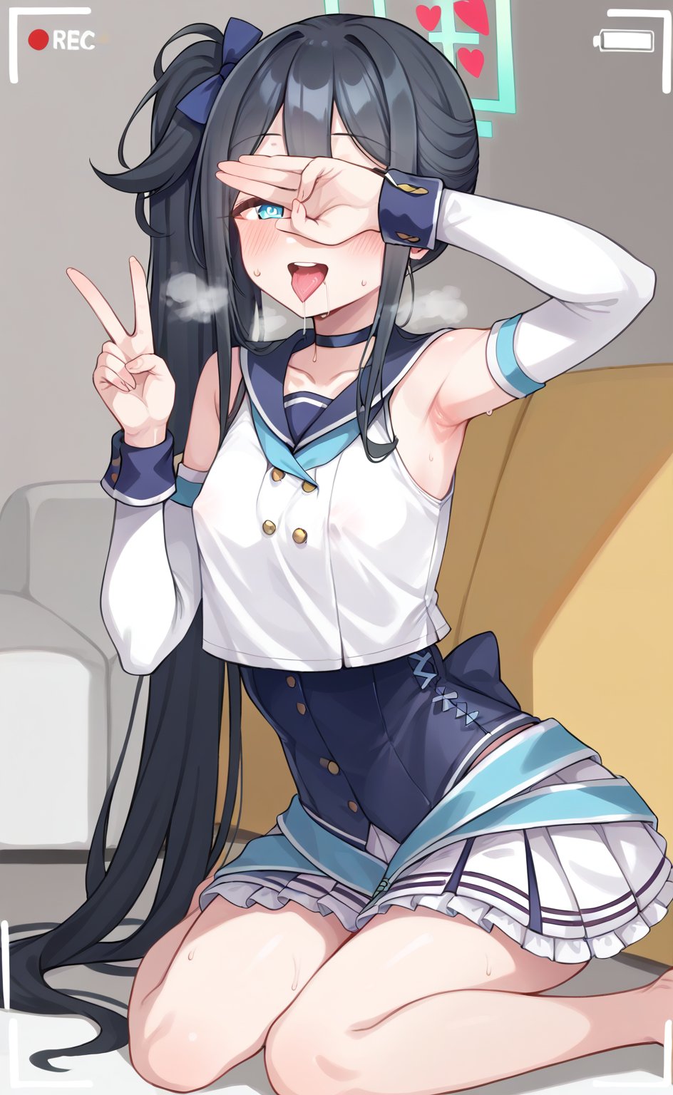 score_9, score 8_up, score_7 up, hot breath, sweat, dutch angle, heart, run, full body,
aris-idol, aris \(blue archive\), blue eyes, side ponytail, black hair, absurdly long hair, hair between eyes, hair ribbon, halo, choker, idol clothes, sailor collar, detached sleeves, corset, pleated skirt, frilled skirt, 
very blushing, 
indoor, Living room, sitting on the sofa,
covered nipples, smile, half-closed eyes, recording, viewfinder, one hand covering eyes, tongue out, saliva, V sign, mouth open