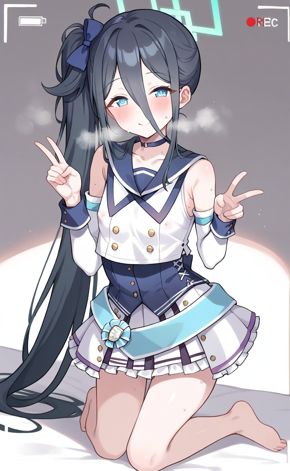 score_9, score 8_up, score_7 up, hot breath, sweat, dutch angle, heart, run, full body,
aris-idol, aris \(blue archive\), blue eyes, side ponytail, black hair, absurdly long hair, hair between eyes, hair ribbon, halo, choker, idol clothes, sailor collar, detached sleeves, corset, pleated skirt, frilled skirt, 
very blushing, 
indoor, bedroom, covered nipples, smile, half-closed eyes, steaming body, recording, viewfinder, v gesture,