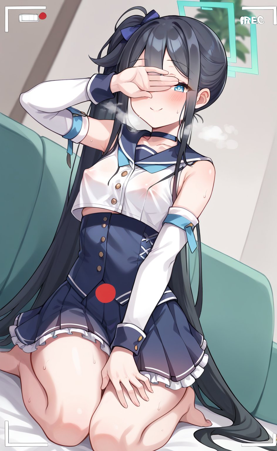 score_9, score 8_up, score_7 up, hot breath, sweat, dutch angle, heart, run, full body,
aris-idol, aris \(blue archive\), blue eyes, side ponytail, black hair, absurdly long hair, hair between eyes, hair ribbon, halo, choker, idol clothes, sailor collar, detached sleeves, corset, pleated skirt, frilled skirt, 
very blushing, 
indoor, Living room, sitting on the sofa,
covered nipples, smile, half-closed eyes, steaming body, recording, viewfinder, one hand covering eyes