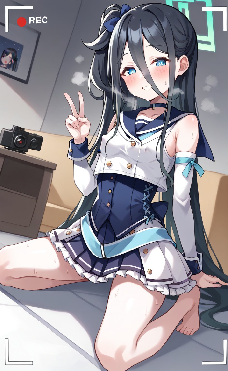 score_9, score 8_up, score_7 up, hot breath, sweat, dutch angle, heart, run, full body,
aris-idol, aris \(blue archive\), blue eyes, side ponytail, black hair, absurdly long hair, hair between eyes, hair ribbon, halo, choker, idol clothes, sailor collar, detached sleeves, corset, pleated skirt, frilled skirt, 
very blushing, 
indoor, Living room, sitting on the sofa,
covered nipples, smile, half-closed eyes, steaming body, recording, viewfinder, v gesture,