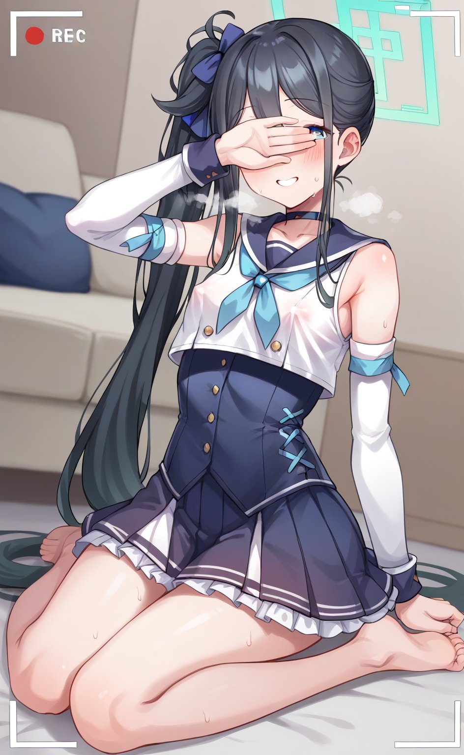 score_9, score 8_up, score_7 up, hot breath, sweat, dutch angle, heart, run, full body,
aris-idol, aris \(blue archive\), blue eyes, side ponytail, black hair, absurdly long hair, hair between eyes, hair ribbon, halo, choker, idol clothes, sailor collar, detached sleeves, corset, pleated skirt, frilled skirt, 
very blushing, 
indoor, Living room, sitting on the sofa,
covered nipples, smile, half-closed eyes, steaming body, recording, viewfinder, covering eyes