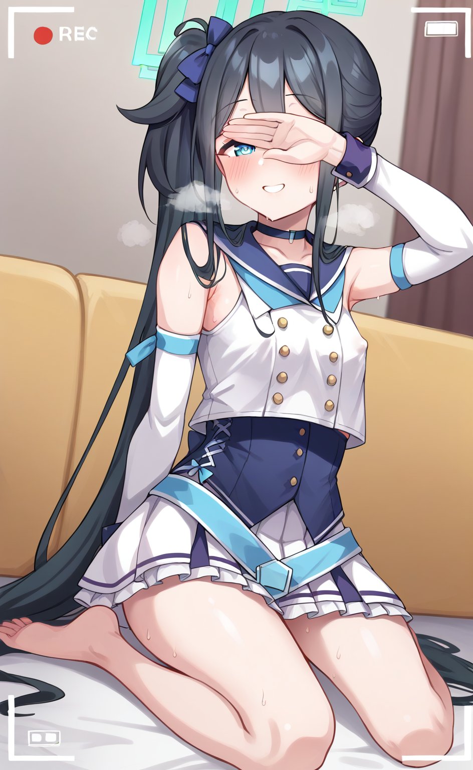 score_9, score 8_up, score_7 up, hot breath, sweat, dutch angle, heart, run, full body,
aris-idol, aris \(blue archive\), blue eyes, side ponytail, black hair, absurdly long hair, hair between eyes, hair ribbon, halo, choker, idol clothes, sailor collar, detached sleeves, corset, pleated skirt, frilled skirt, 
very blushing, 
indoor, Living room, sitting on the sofa,
covered nipples, smile, half-closed eyes, steaming body, recording, viewfinder, one hand covering eyes