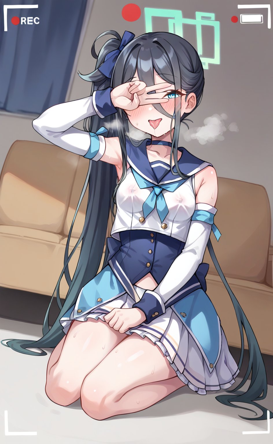 score_9, score 8_up, score_7 up, hot breath, sweat, dutch angle, heart, run, full body,
aris-idol, aris \(blue archive\), blue eyes, side ponytail, black hair, absurdly long hair, hair between eyes, hair ribbon, halo, choker, idol clothes, sailor collar, detached sleeves, corset, pleated skirt, frilled skirt, 
very blushing, 
indoor, Living room, sitting on the sofa,
covered nipples, smile, half-closed eyes, steaming body, recording, viewfinder, one hand covering eyes, tongue out, saliva, V sign