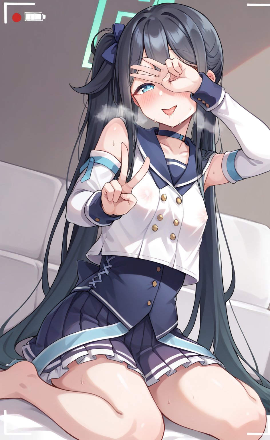 score_9, score 8_up, score_7 up, hot breath, sweat, dutch angle, heart, run, full body,
aris-idol, aris \(blue archive\), blue eyes, side ponytail, black hair, absurdly long hair, hair between eyes, hair ribbon, halo, choker, idol clothes, sailor collar, detached sleeves, corset, pleated skirt, frilled skirt, 
very blushing, 
indoor, Living room, sitting on the sofa,
covered nipples, smile, half-closed eyes, recording, viewfinder, one hand covering eyes, tongue out, saliva, V sign