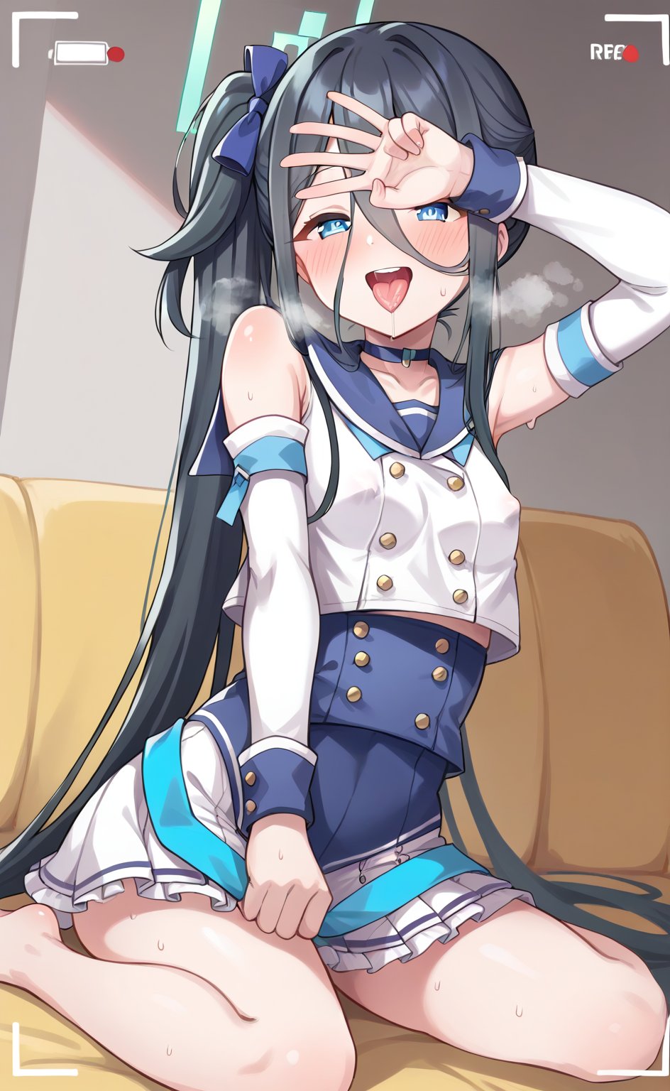 score_9, score 8_up, score_7 up, hot breath, sweat, dutch angle, heart, run, full body,
aris-idol, aris \(blue archive\), blue eyes, side ponytail, black hair, absurdly long hair, hair between eyes, hair ribbon, halo, choker, idol clothes, sailor collar, detached sleeves, corset, pleated skirt, frilled skirt, 
very blushing, 
indoor, Living room, sitting on the sofa,
covered nipples, smile, half-closed eyes, recording, viewfinder, one hand covering eyes, tongue out, saliva, V sign, mouth open