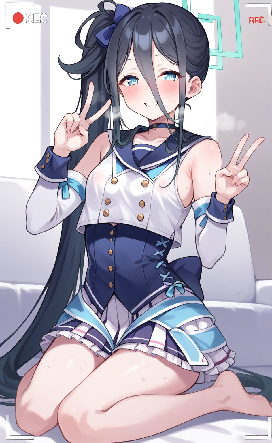 score_9, score 8_up, score_7 up, hot breath, sweat, dutch angle, heart, run, full body,
aris-idol, aris \(blue archive\), blue eyes, side ponytail, black hair, absurdly long hair, hair between eyes, hair ribbon, halo, choker, idol clothes, sailor collar, detached sleeves, corset, pleated skirt, frilled skirt, 
very blushing, 
indoor, Living room, sitting on the sofa,
covered nipples, smile, half-closed eyes, steaming body, recording, viewfinder, v gesture,