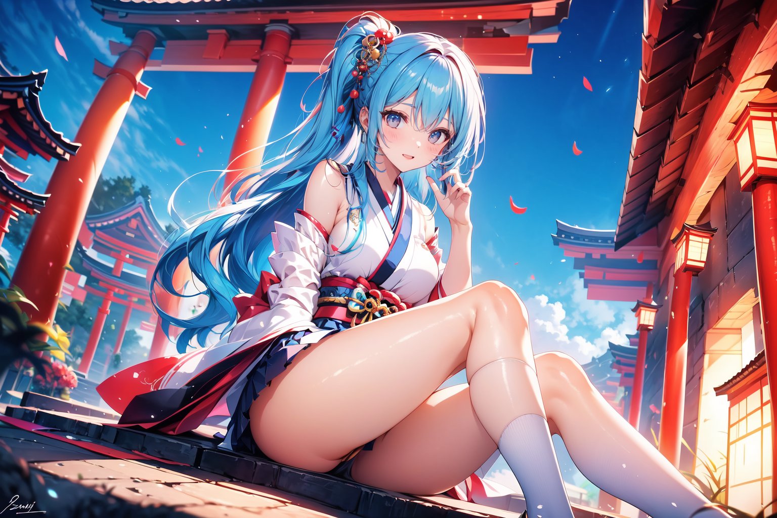 A 20-year-old girl with long wavy hair, knee-length hair, smiling, side ponytail, in a torii, Japanese-style women's high school uniform, short skirt, bare shoulders, high heels, long light blue hair, big headband