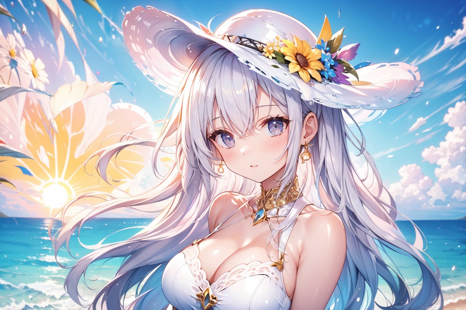 1girl, solo, long hair, breasts, looking at viewer, blush, smile, bangs, blue eyes, large breasts, hat, dress, cleavage, bare shoulders, jewelry, medium breasts, closed mouth, upper body, flower, white hair, earrings, outdoors, sky, sleeveless, day, water, white dress, floating hair, sleeveless dress, ocean, white headwear, sun hat, yellow flower, hat flower