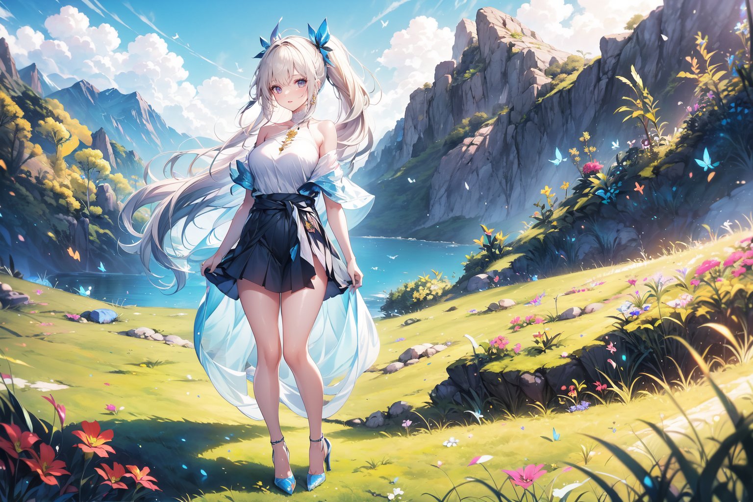 A 22-year-old girl with long hair above her waist, wavy hair, and a side ponytail, wearing a short shirt, off-the-shoulder, tulle shawl, short skirt, high heels, light green long hair, light blue long hair, on the mountain grass, Long white hair, butterfly, big bow headband