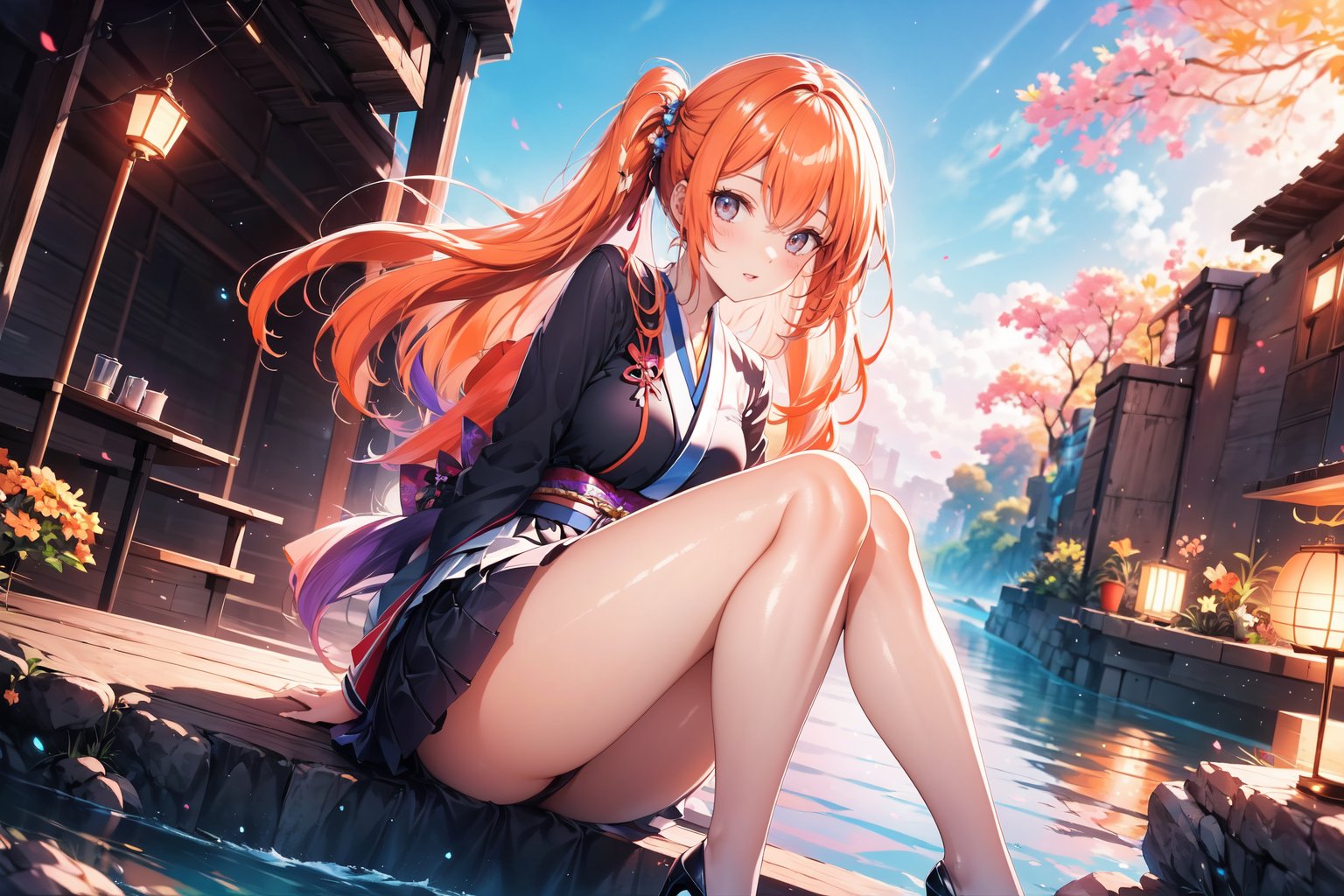 A 20-year-old girl with long wavy hair, knee-length hair, smiling, side ponytail, by the river, black Japanese high school uniform, short skirt, high heels, lavender long hair, light blue long hair, Long light orange hair, big headband