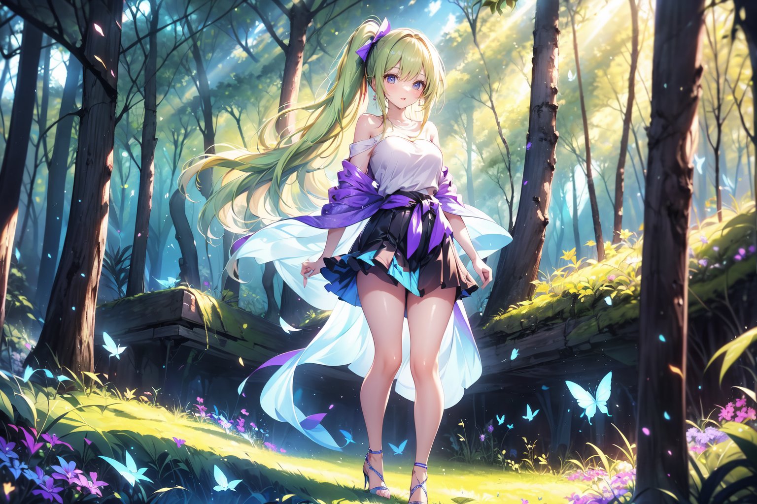 A 22-year-old girl with long hair above her waist, wavy hair, and a side ponytail, in a forest B&B, short shirt, off-shoulder, tulle shawl, short skirt, high heels, light green long hair, light blue long hair, purple Long hair, butterfly, big bow headband