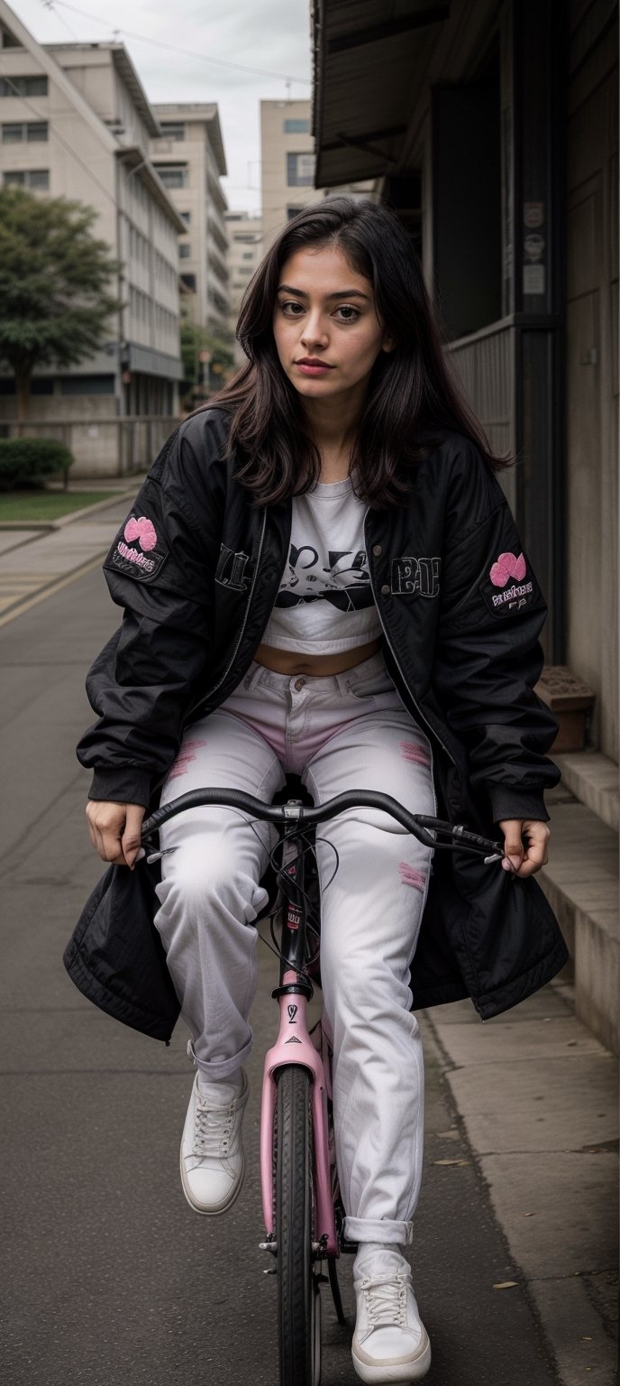 Lovely cute young attractive indian  girl, 35 years old, cute long black_hair,  black  hair,  They are wearing a  pink , patterned Jen's jacket and black jeans, varsity jacket , white shoes. Riding bike 