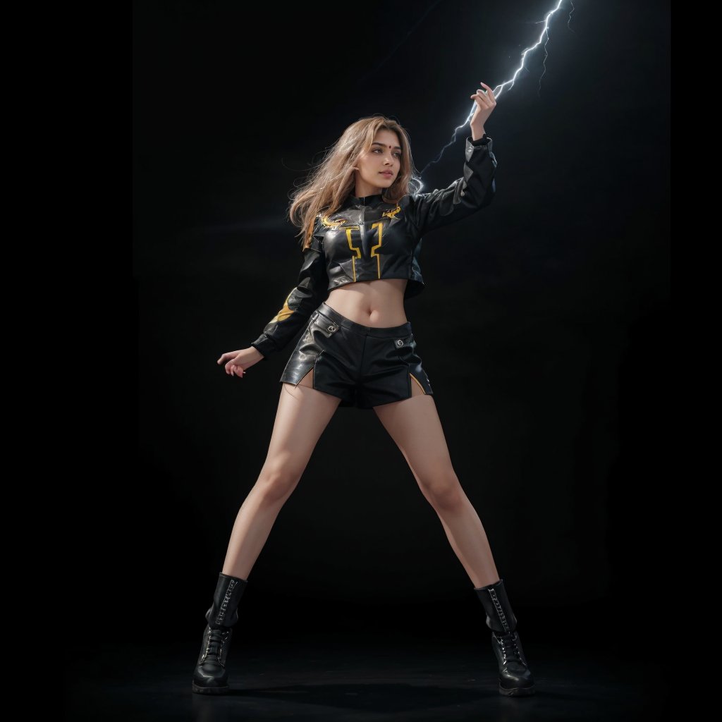 masterpiece, high quality:1.5), (8K, HDR), masterpiece, best quality, 1girl, solo, full_body, FuturEvoLab style, black background, FuturEvoLab-girl, FuturEvoLabStyle, Thunder Flash, Lightning aura, Lightning