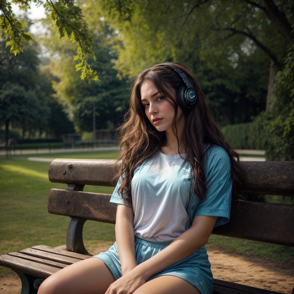 Master piece, generate image of a Girl with headphones, cap, dreamy expression, sitting a bench in the gardens of the Eiffel tower, training wear, (ultra detailed perfect piece:1.2), illustration, masterpiece, (extremely detailed CG 8k), (very fine 8K CG), (1girl:1.2), (dark hair), long hair, wavy hair, hair over one eye, sparkling, light blue eyes, looking at side,