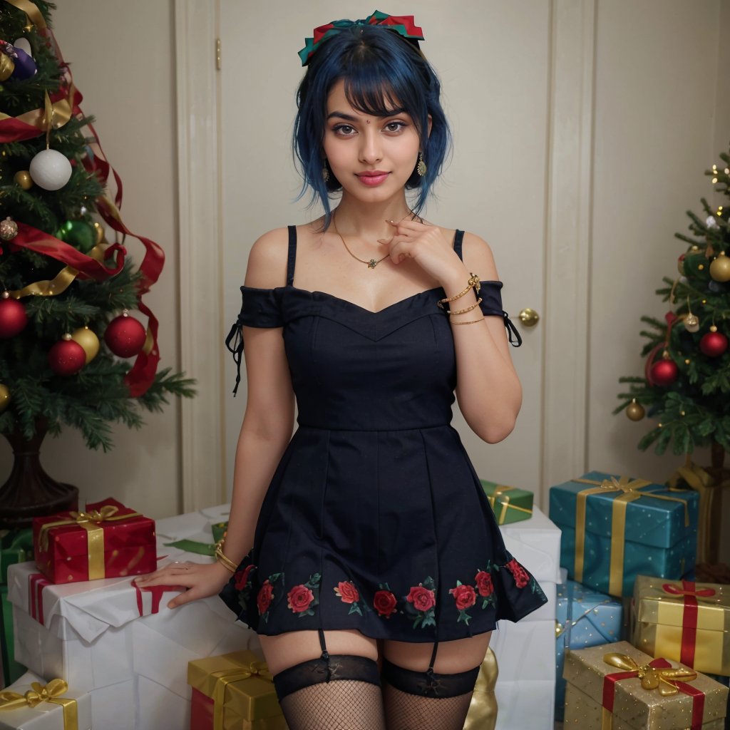 1girl, bangs, blue hair, bow, box, bracelet, christmas, christmas tree, cowboy shot, dress, earrings, fishnets, flower, gift, gift box, hair ornament, hamel, jewelry, looking at viewer, multicolored hair, necklace, pantyhose, parted lips, purple eyes, red dress, ribbon, rose, short hair, smile, solo, thighhighs