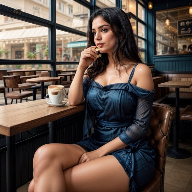 A stunning and alluring 35-year-old Indian woman with long, sleek black hair, dressed in a chic, short, and form-fitting blue dress that accentuates her figure. She is sitting confidently in a trendy café, sipping on a latte, with an air of sophistication and irresistible charm