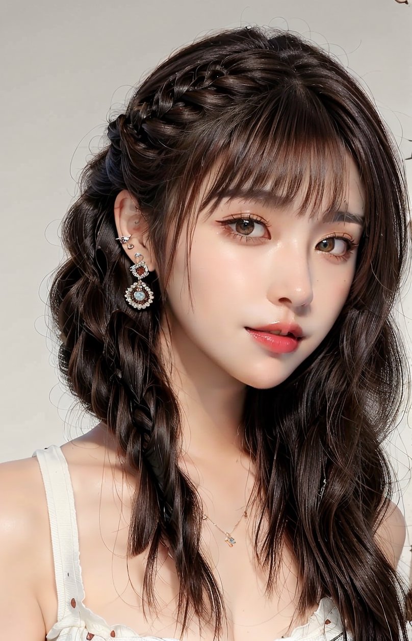 16K, 1girl, solo, brown hair, medium hair, looking at viewer, simple background, smile, closed mouth, brown hair, brown eyes, jewelry, earrings, lips, portrait, reality, braid, makeup, lipstick, nude, Symmetrical ponytails, necklace, bangs,QQQ