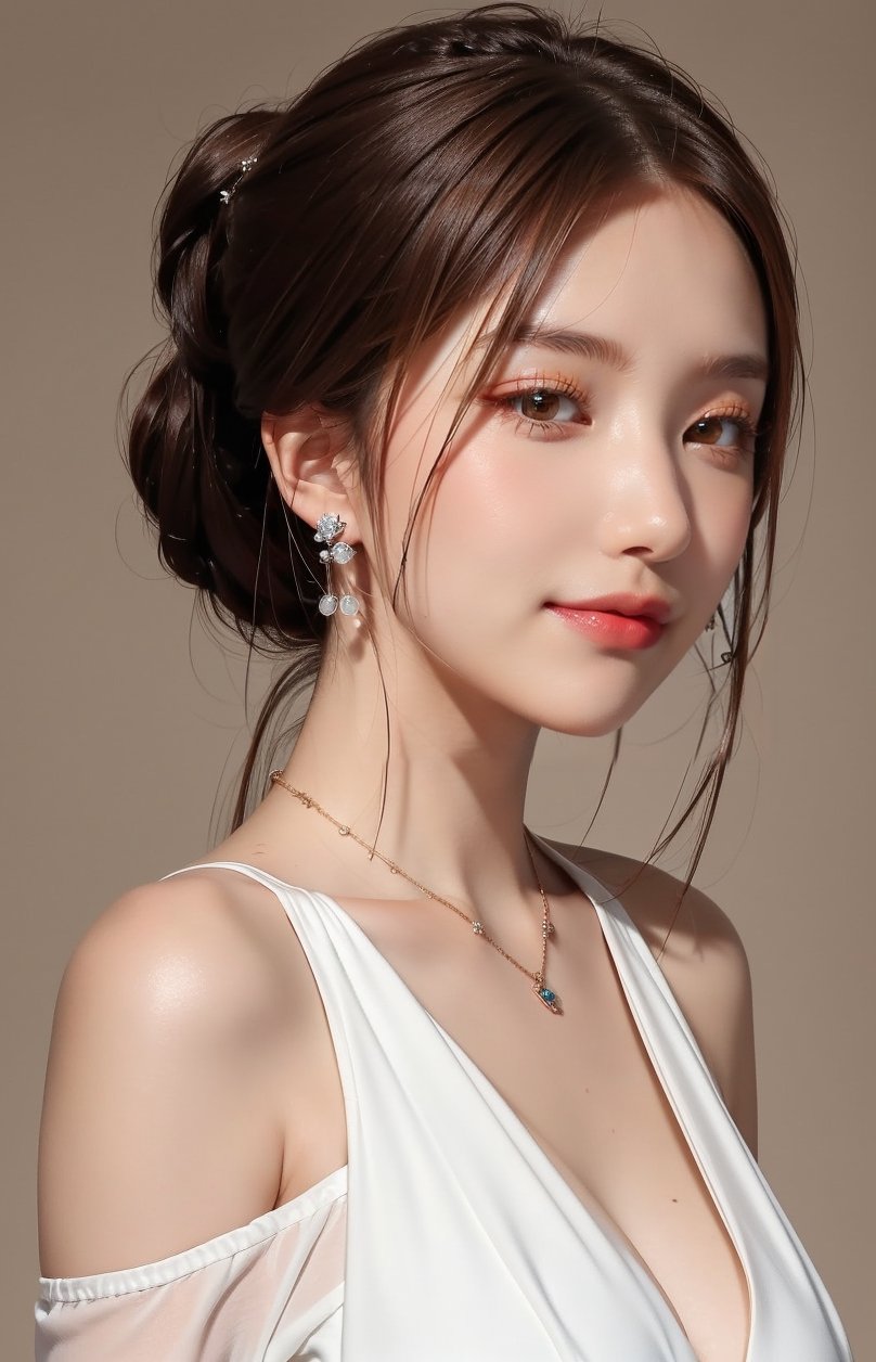 16K, 1girl, solo, long hair, looking at viewer, simple background, smile, closed mouth, brown hair, brown eyes, jewelry, earrings, lips, portrait, reality, braid, makeup, lipstick, bare shoulders, nude, Symmetrical ponytails, necklace, bare shoulders, KKK3