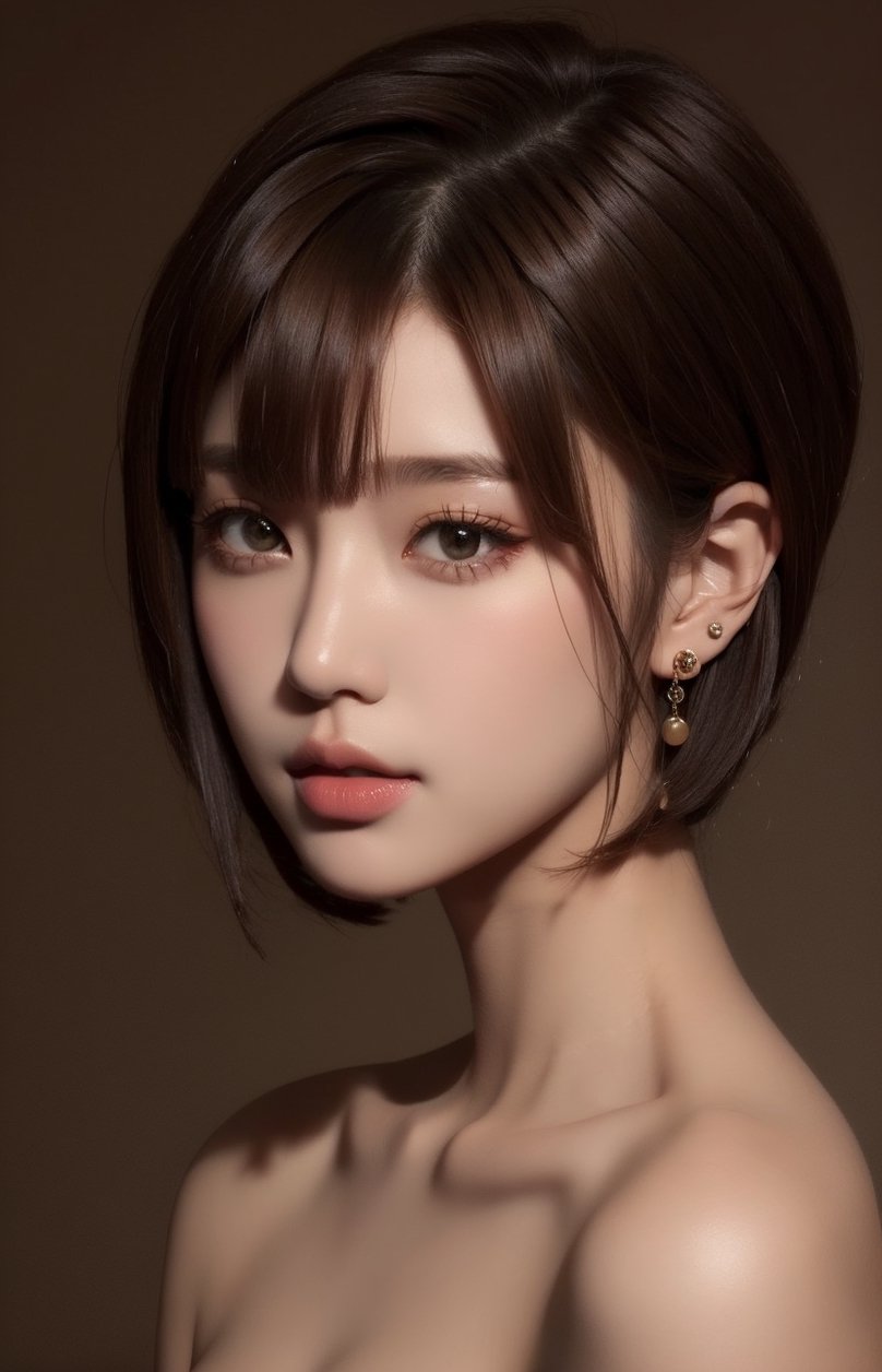 1girl, solo, looking at viewer, short hair, bangs, simple background, brown hair, bare shoulders, brown eyes, jewelry, collarbone, upper body, nude, earrings, black eyes, lips, portrait, realistic, nose, KKK2