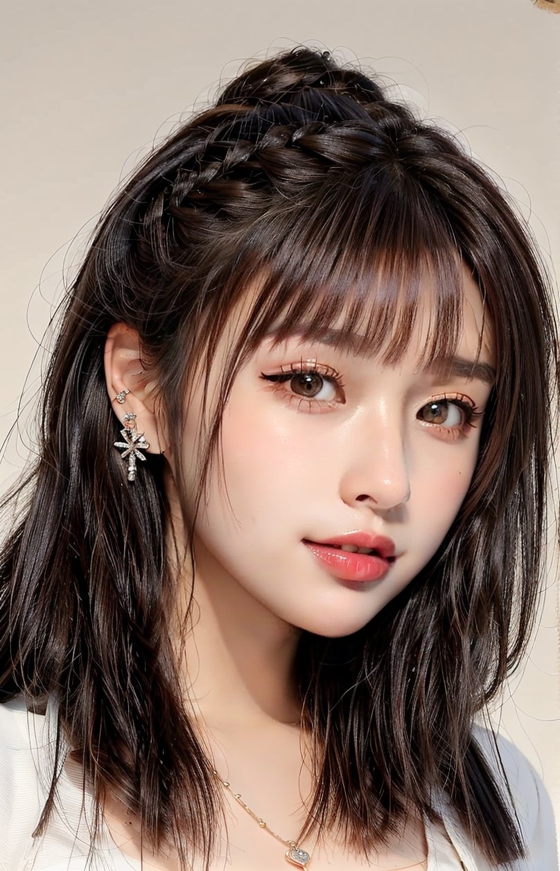 16K, 1girl, solo, brown hair, medium hair, looking at viewer, simple background, smile, closed mouth, brown hair, brown eyes, jewelry, earrings, lips, portrait, reality, braid, makeup, lipstick, nude, Symmetrical ponytails, necklace, bangs,QQQ